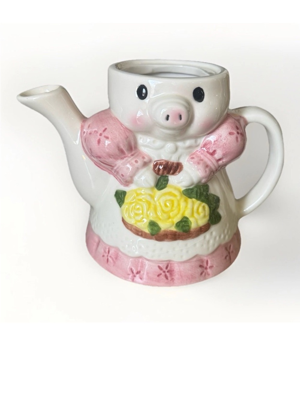 Vintage Pig Teapot Pink‎ Floral Dress Basket Anthropomorphic Ceramic Figurative
